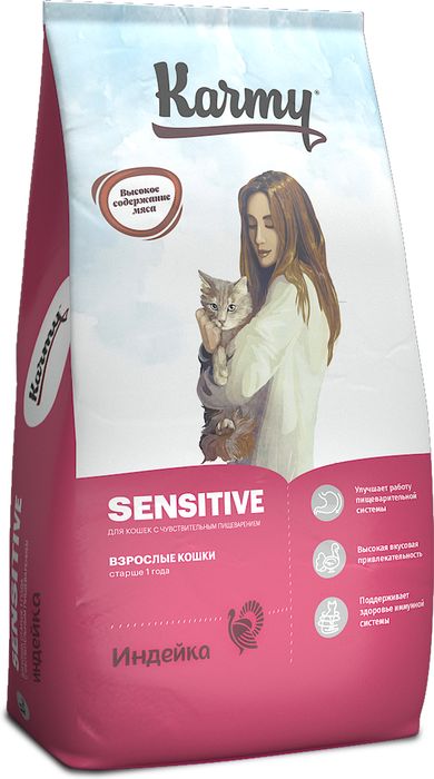Karmy корм для взрослых кошек, деликатное пищеварение, индейка