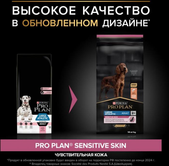 Сухой корм Pro Plan® Sensitive Skin для взрослых собак крупных пород с атлетическим телосложением с чувствительной кожей, с высоким содержанием лосося