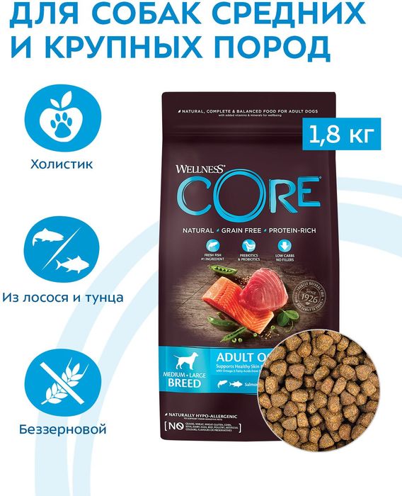 Wellness Core корм для взрослых собак всех пород, беззерновой, лосось и тунец