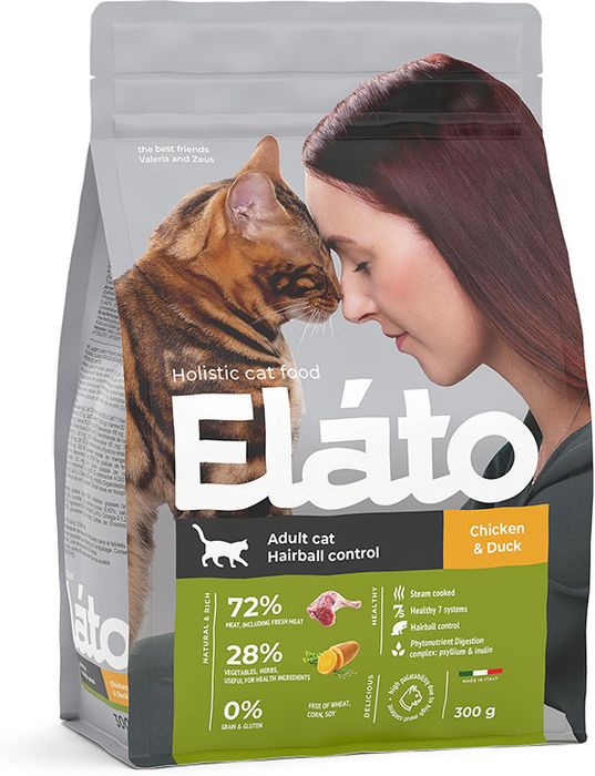 Elato Holistic корм для взрослых кошек, для выведения шерсти, с курицей и уткой