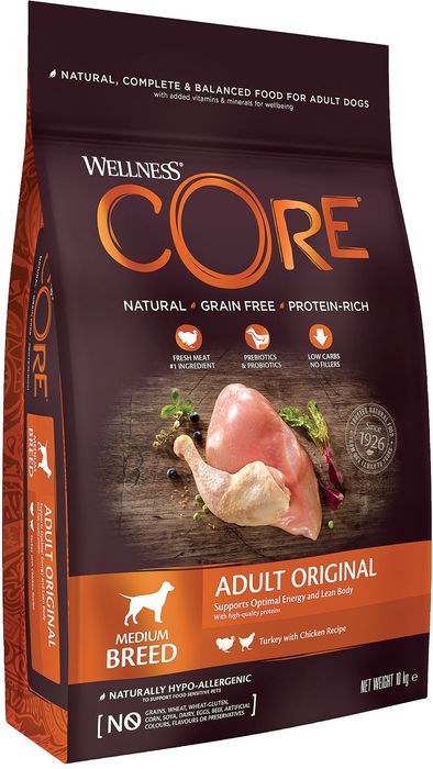 Wellness Core корм для взрослых собак средних пород, беззерновой, индейка и курица