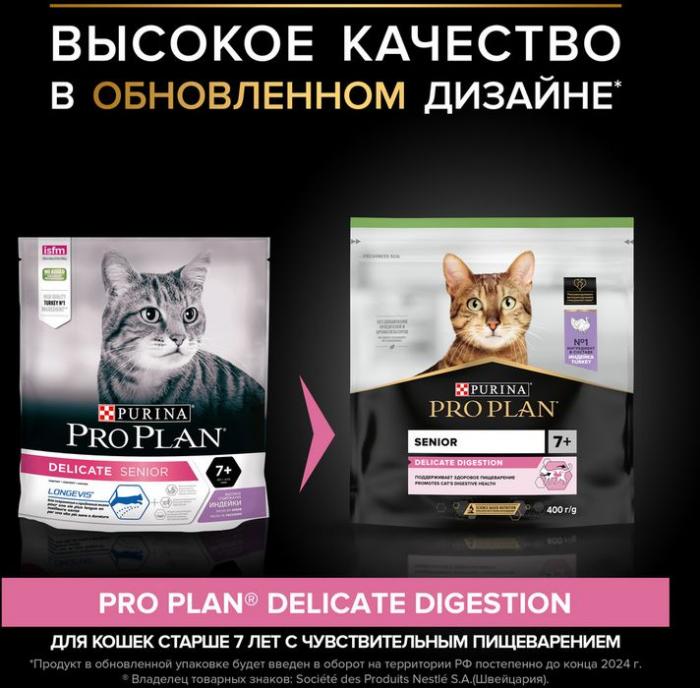 Сухой корм Pro Plan® Delicate Digestion для кошек старше 7 лет с чувствительным пищеварением, с высоким содержанием индейки