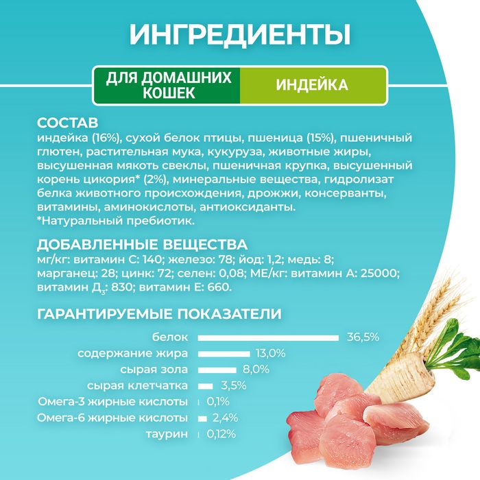 Сухой корм Purina ONE® полнорационный для взрослых кошек, живущих в домашних условиях, с высоким содержанием индейки