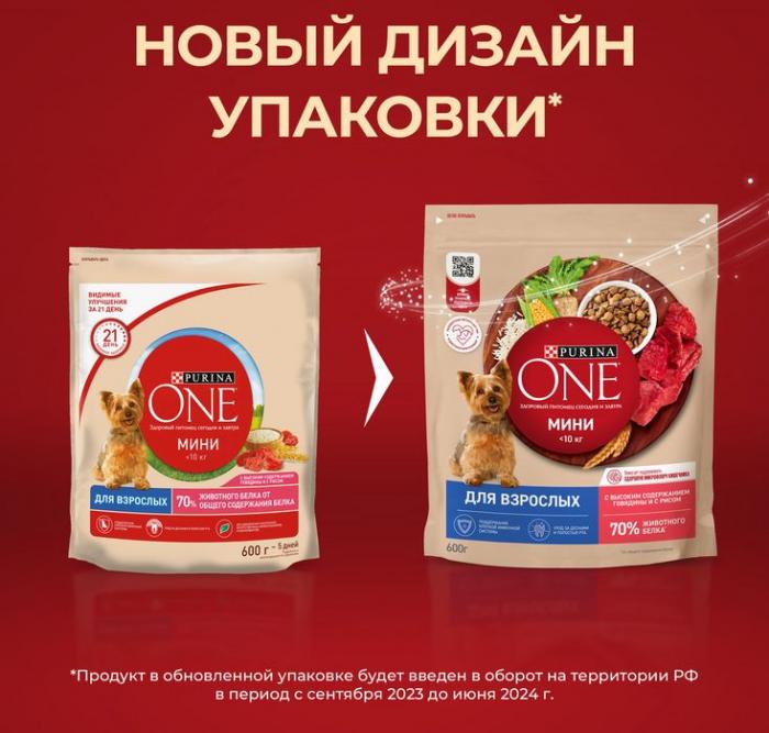 Сухой корм Purina ONE® для взрослых собак мелких и карликовых пород, с высоким содержанием говядины и с рисом