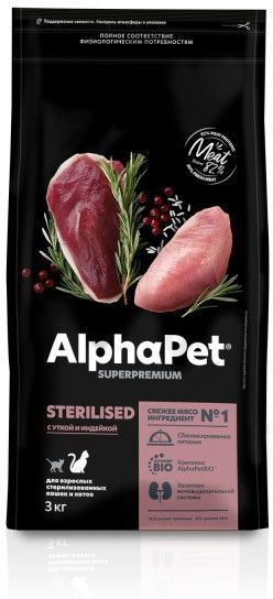 AlphaPet корм для стерилизованных кошек, с уткой и индейкой