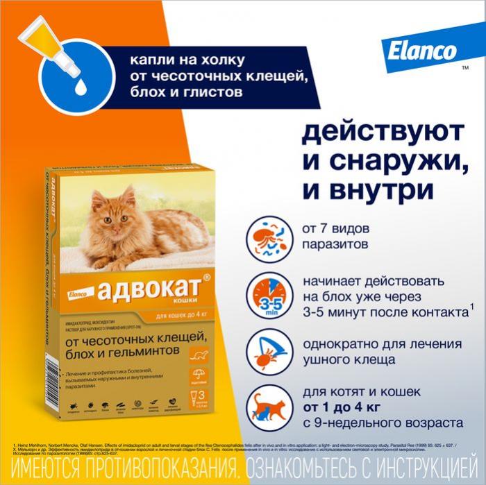 Elanco Адвокат капли на холку для котят и кошек до 4 кг, от клещей и блох