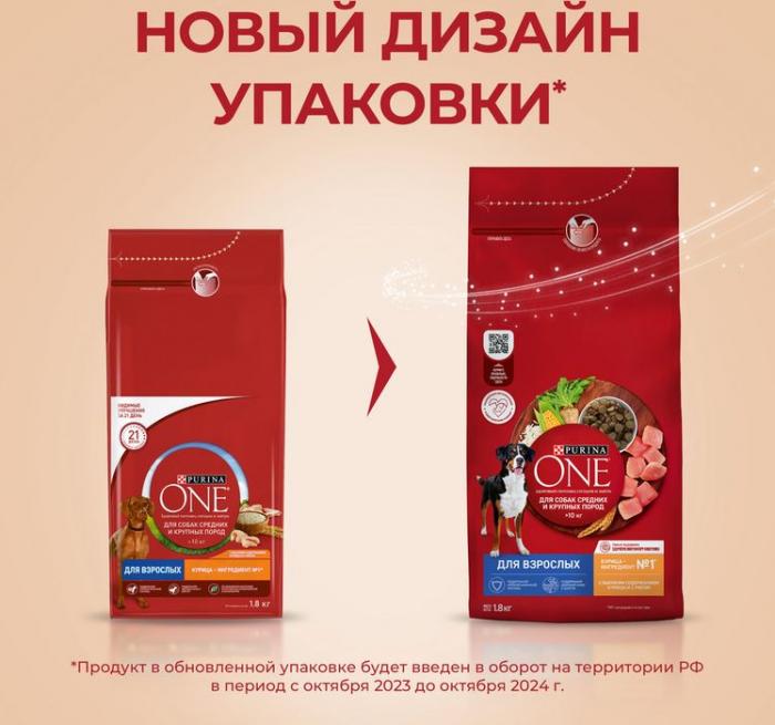 Сухой корм Purina ONE® для взрослых собак средних и крупных пород, с высоким содержанием курицы и рисом