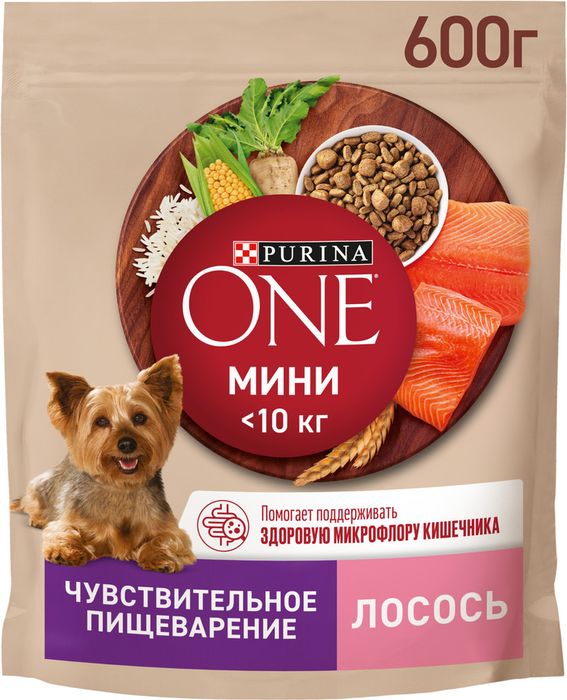 Сухой корм Purina ONE® Мини Чувствительная для взрослых собак мелких пород с чувствительным пищеварением, с лососем и рисом