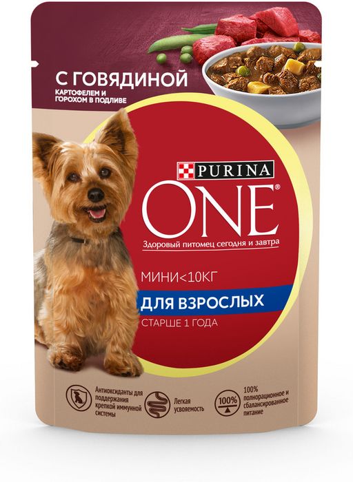 Влажный корм Purina ONE® Мини Взрослая для собак мелких пород старше 1 года, с говядиной, картофелем и горохом в подливе