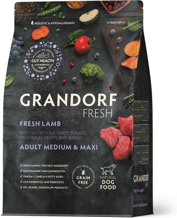 Grandorf Fresh корм для собак средних и крупных пород, беззерновой, с живыми пробиотиками, свежее мясо ягненка с бататом