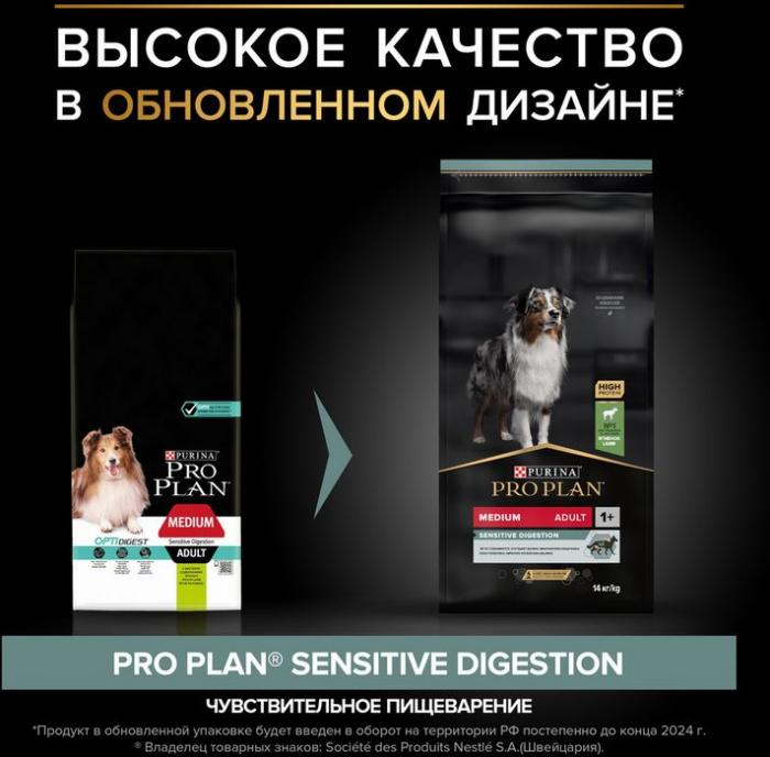 Сухой корм Pro Plan® Sensitive Digestion для взрослых собак средних пород с чувствительным пищеварением, с высоким содержанием ягненка
