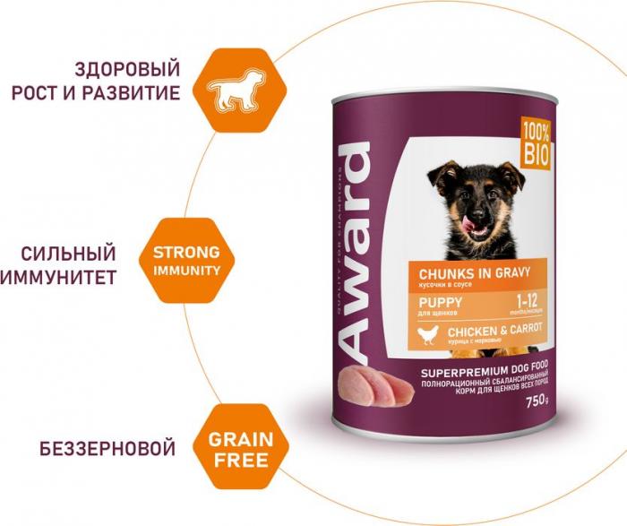 Award влажный корм для щенков, кусочки с курицей и морковью