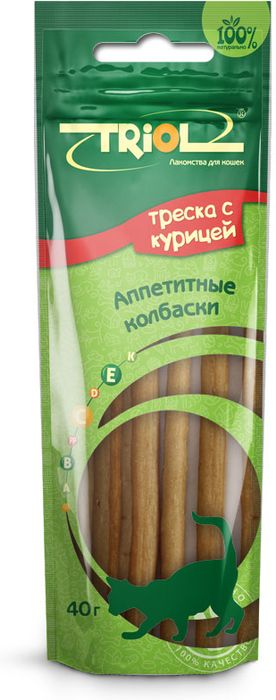 Triol лакомство для кошек, аппетитные колбаски из курицы с треской
