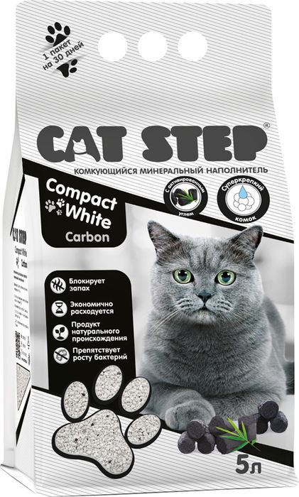 Cat Step Compact White Carbon комкующийся минеральный наполнитель для кошачьих туалетов