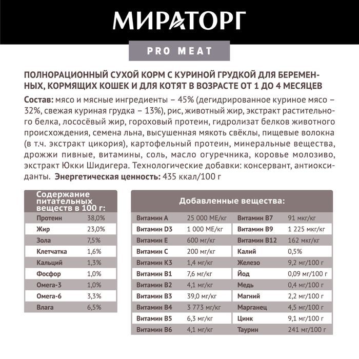 Мираторг Pro Meat корм для беременных, кормящих кошек и котят от 1 до 4 месяцев, с куриной грудкой