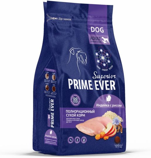 Prime Ever корм для собак средних и крупных пород, индейка с рисом
