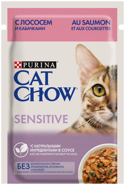 Cat Chow влажный корм для взрослых кошек, чувствительное пищеварение, лосось и кабачки в соусе