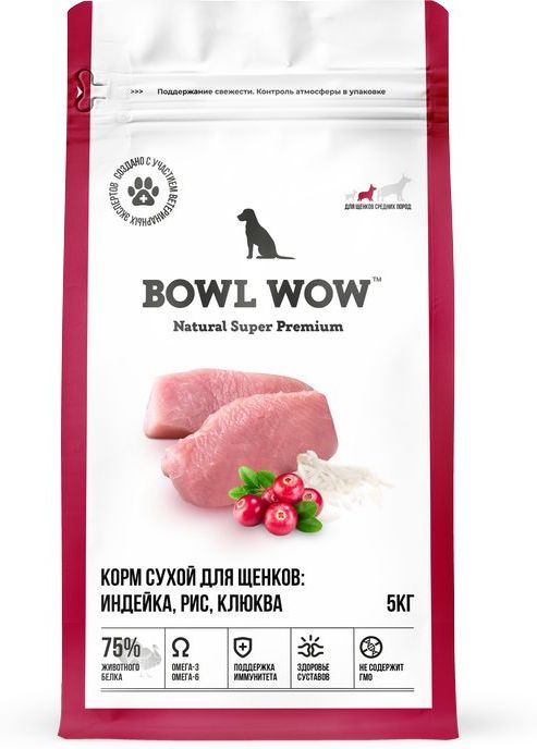 Bowl Wow корм для щенков средних пород, с индейкой, рисом и добавлением клюквы