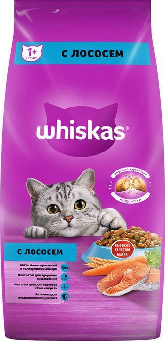 Whiskas корм для взрослых кошек всех пород, подушечки с нежным паштетом, с лососем
