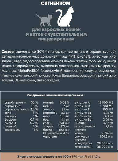 AlphaPet сухой корм для кошек, с чувствительным пищеварением, с ягненком