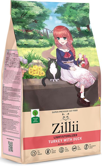 Zillii Light/Sterilized корм для стерилизованных кошек и при избыточном весе, индейка с уткой