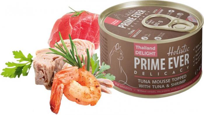 Prime Ever влажный корм для кошек, беззерновой, мусс с тунцом и креветками