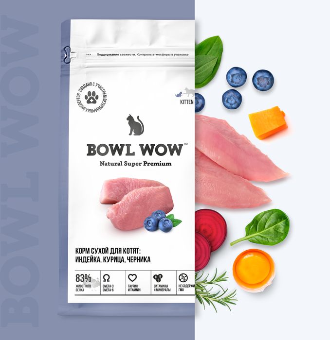 Bowl Wow корм для котят, с индейкой, курицей и добавлением черники