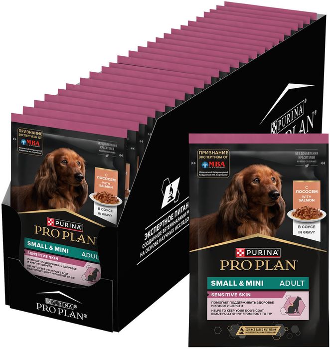 Влажный корм Pro Plan® для взрослых собак мелких и карликовых пород с чувствительной кожей, с лососем в соусе