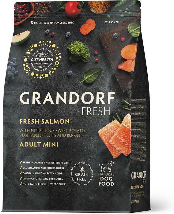 Grandorf Fresh корм для собак мелких пород, беззерновой, с живыми пробиотиками, свежее филе лосося с бататом