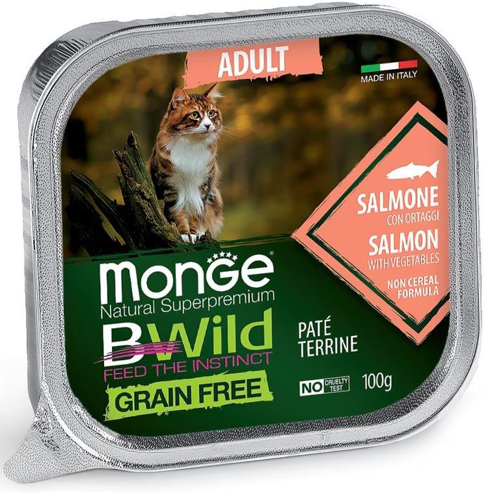 Monge Cat BWild Grain Free влажный корм для взрослых кошек, беззерновой, паштет, лосось и овощи