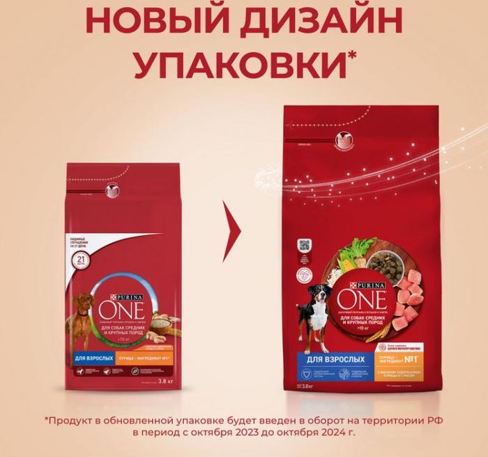 Сухой корм Purina ONE® для взрослых собак средних и крупных пород, с высоким содержанием курицы и рисом