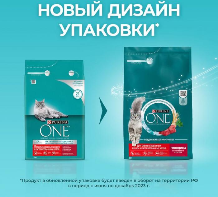 Сухой корм Purina ONE® для стерилизованных кошек и кастрированных котов, с высоким содержанием говядины и пшеницей