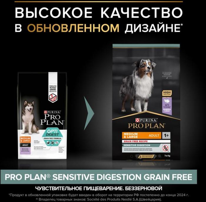 Сухой корм Pro Plan® Grain Free для взрослых собак средних и крупных пород с чувствительным пищеварением, беззерновой, с высоким содержанием индейки, Пакет