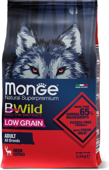 Monge Dog BWild Low Grain сухой корм для взрослых собак всех пород, низкозерновой, мясо оленя