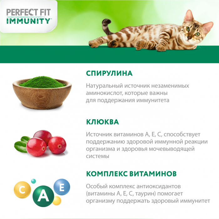 Perfect Fit Immunity корм для кошек, для поддержания иммунитета, с индейкой и добавлением спирулины и клюквы