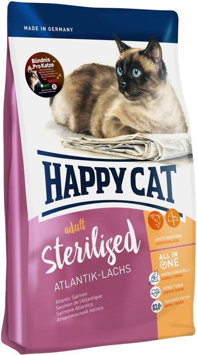 Happy Cat сухой корм для взрослых и пожилых стерилизованных кошек всех пород, контроль веса, лосось