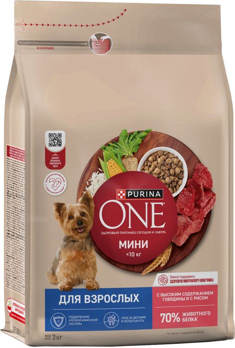 Сухой корм Purina ONE® для взрослых собак мелких и карликовых пород, с высоким содержанием говядины и с рисом