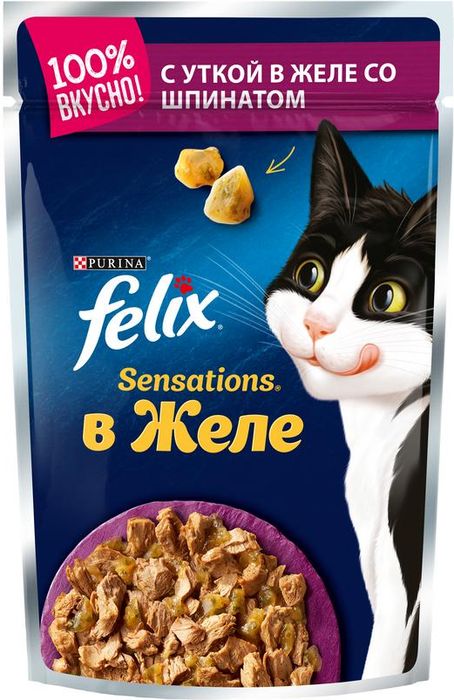 Felix Sensations влажный корм для взрослых кошек всех пород, утка и шпинат