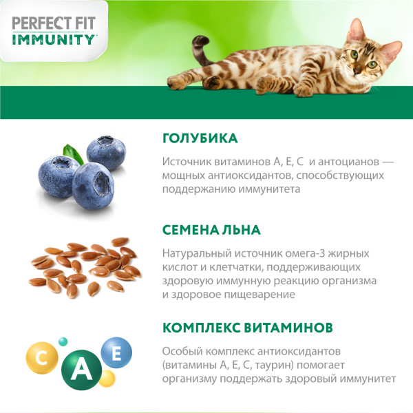 Perfect Fit Immunity корм для кошек, для поддержания иммунитета, с говядиной и добавлением семян льна и голубики