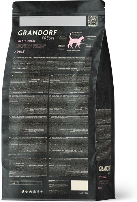 Grandorf Fresh корм для кошек, беззерновой, с живыми пробиотиками, свежее мясо утки с бататом