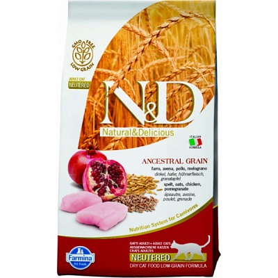 Farmina N&D Ancestral Grain сухой корм для стерилизованных кошек и кастрированных котов, низкозерновой, с курицей и гранатом