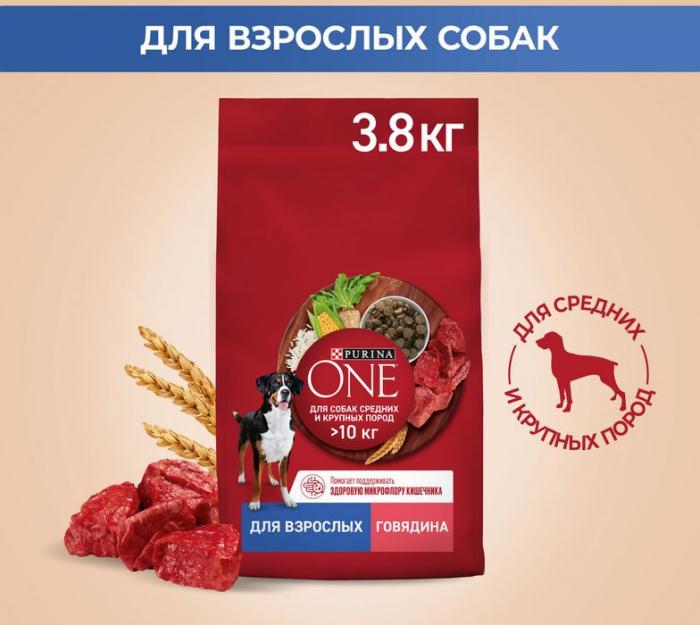 Сухой корм Purina ONE® для взрослых собак средних и крупных пород, с высоким содержанием говядины и с рисом