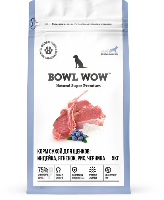 Bowl Wow корм для щенков крупных пород, с индейкой, ягненком, рисом и добавлением черники