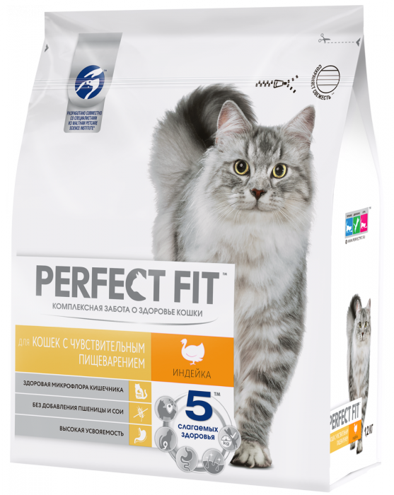 Perfect Fit корм для взрослых кошек всех пород, чувствительное пищеварение, индейка
