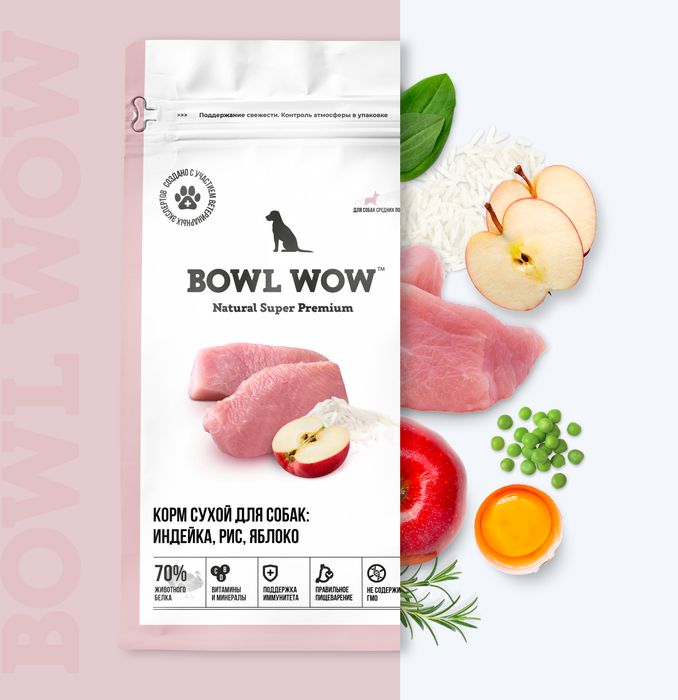Bowl Wow корм для собак средних пород, с индейкой, рисом и добавлением яблока