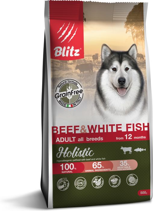 Blitz Holistic корм для взрослых собак всех пород, говядина и белая рыба