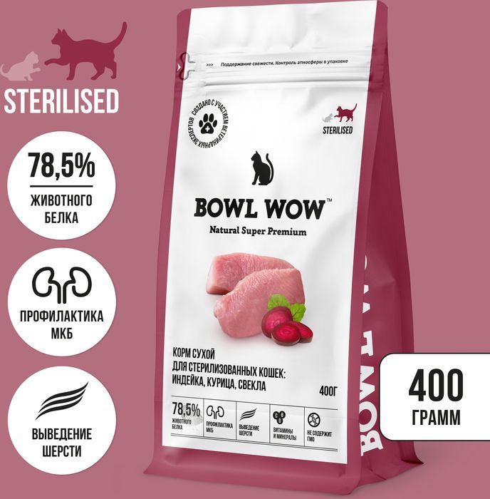 Bowl Wow корм для стерилизованных кошек, с индейкой, курицей и добавлением свеклы