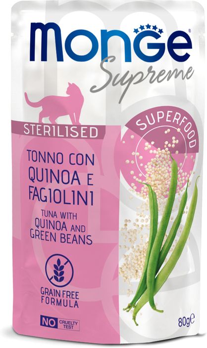 Monge Supreme Sterilized влажный корм для стерилизованных кошек, мясные кусочки с тунцом, киноа и зеленой фасолью