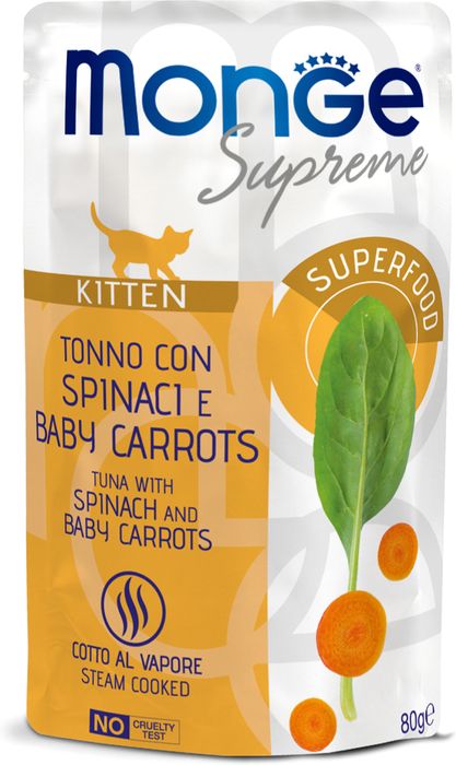 Monge Supreme Kitten влажный корм для котят, мясные кусочки с тунцом, шпинатом и мини-морковью