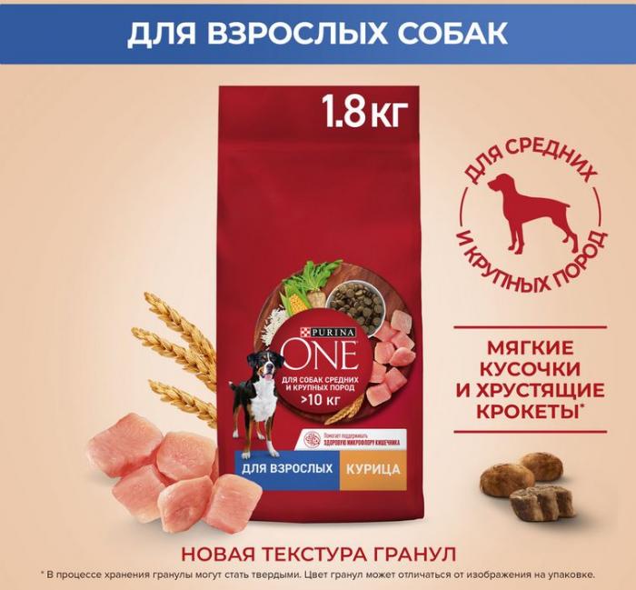 Сухой корм Purina ONE® для взрослых собак средних и крупных пород, с высоким содержанием курицы и рисом